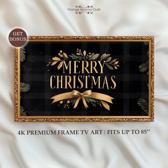 Merry Christmas Black Plaid Gold Typography Holiday Bow Botanical Wall Art