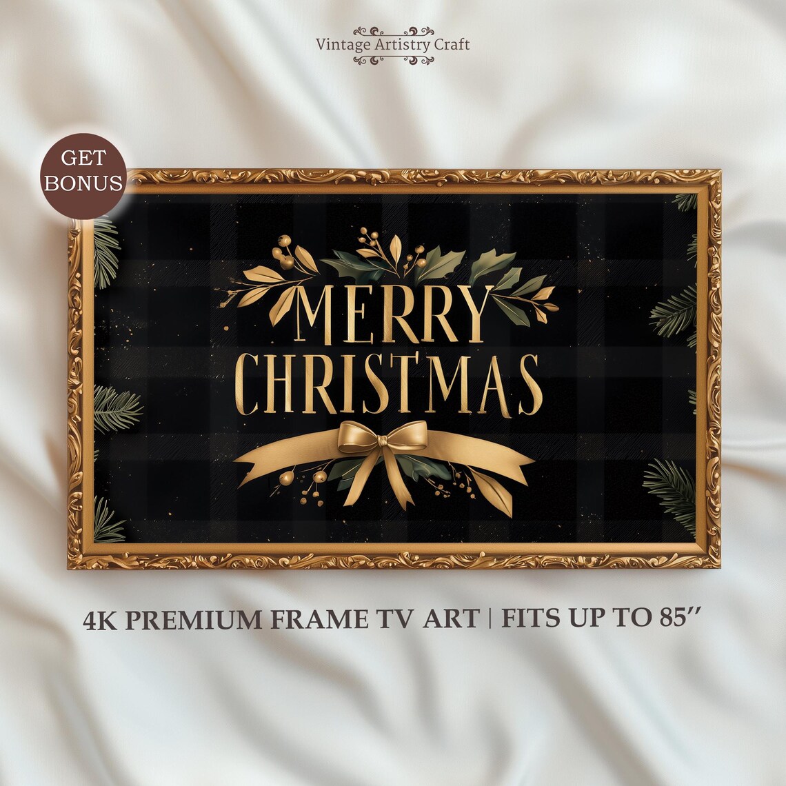 Merry Christmas Black Plaid Gold Typography Holiday Bow Botanical Wall Art