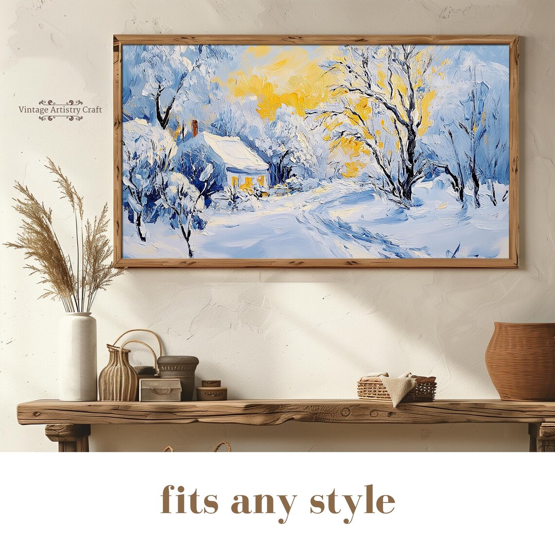 Impressionist Snowy Cottage Golden Sky Winter Village Poster - Image 8