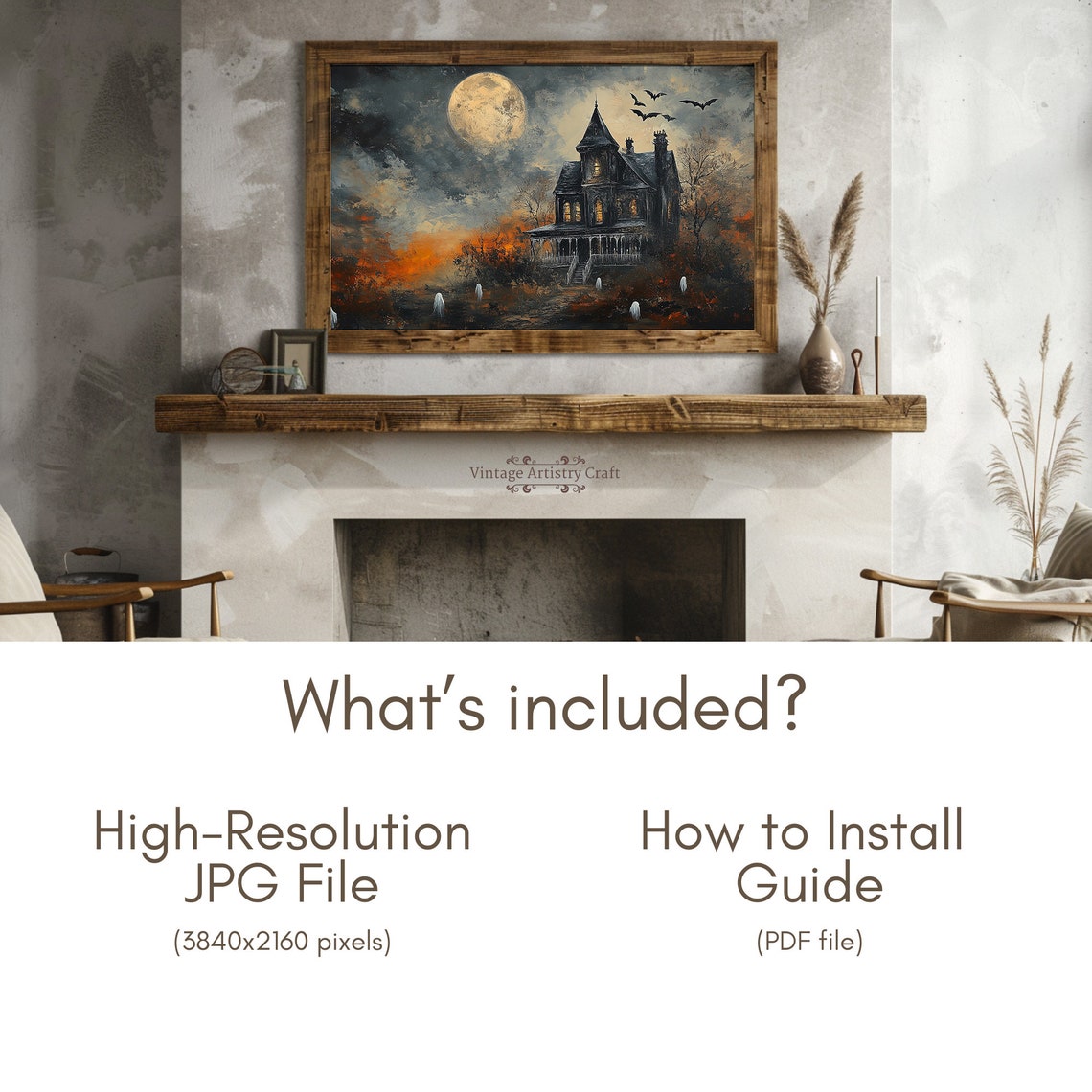 Haunted House Under Full Moon Ghosts And Bats Halloween Poster - Image 6