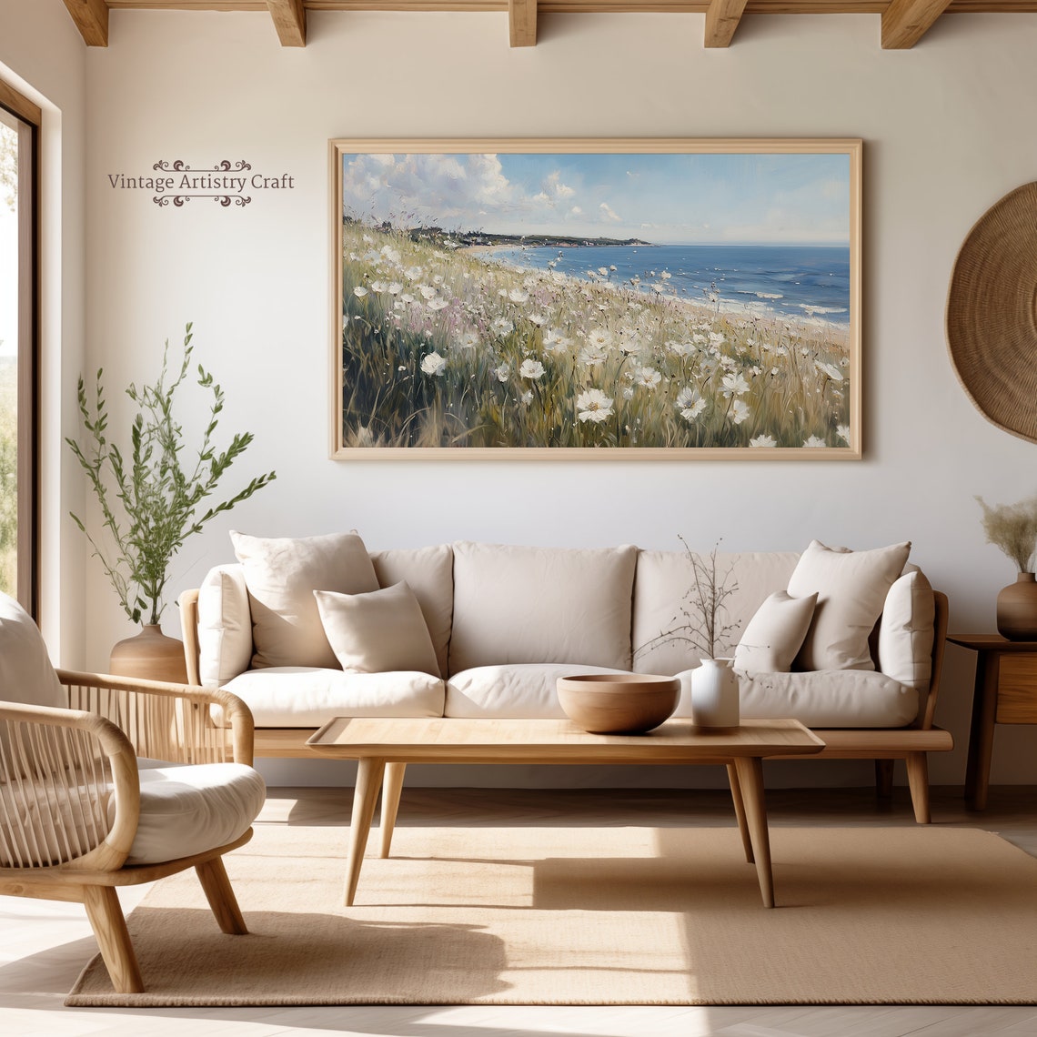 White Daisy Meadow By The Sea Summer Coastal Landscape Poster - Image 8
