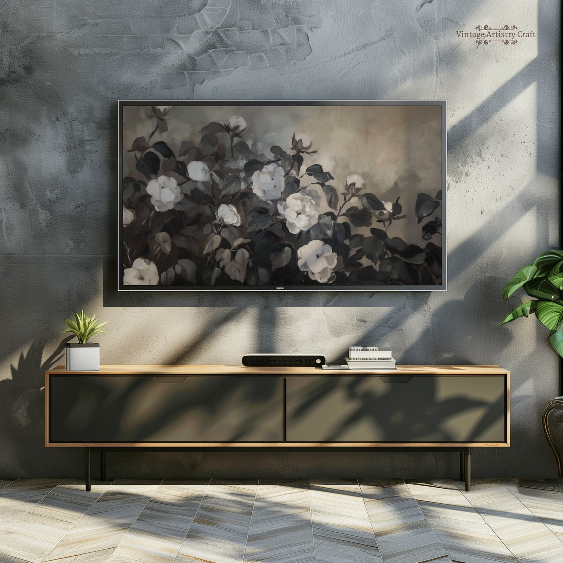 Moody White Blossoms Dark Botanical Oil Painting Elegant Floral Poster - Image 4