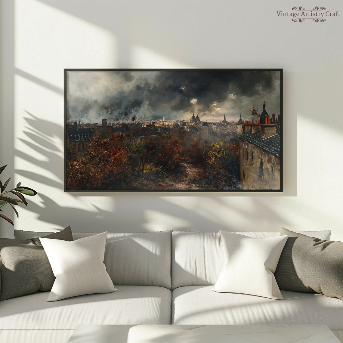 Muted European Rooftops Storm Clouds Vintage Cityscape Oil Poster - Image 8