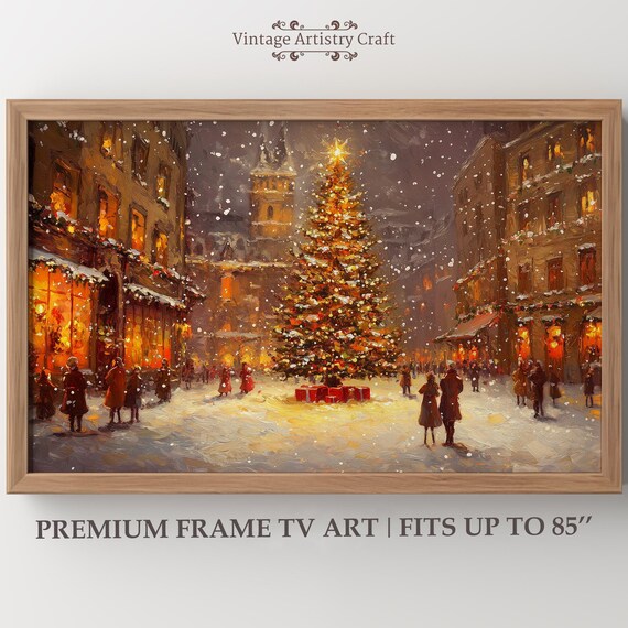 Winter Samsung Frame Tv Art Christmas Tree Warm Street Town Moody Farmhouse Decor Vintage Canvas Oil Painting 4k