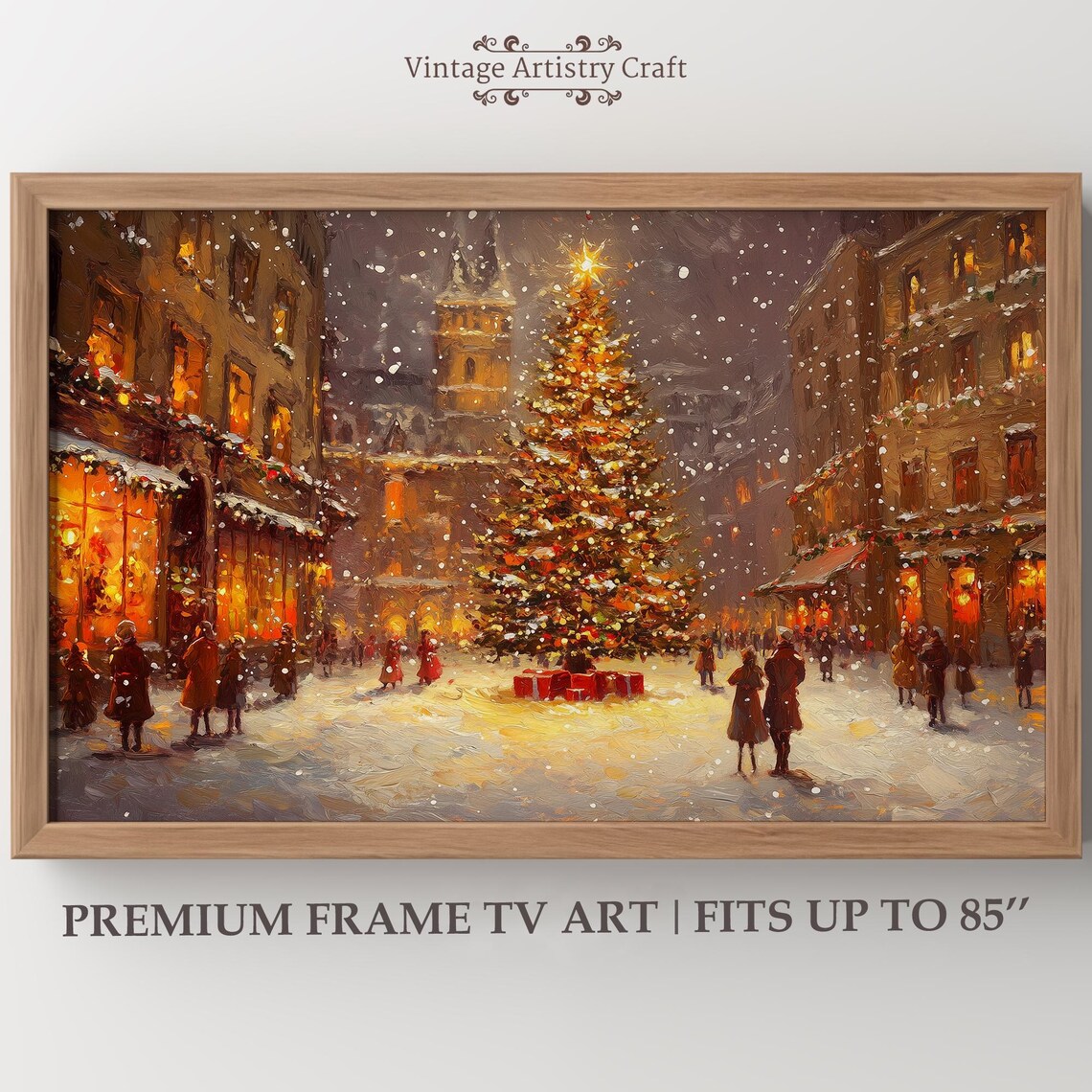 Vintage Christmas Town Square Night Lit Tree Snowfall Oil Painting Wall Art