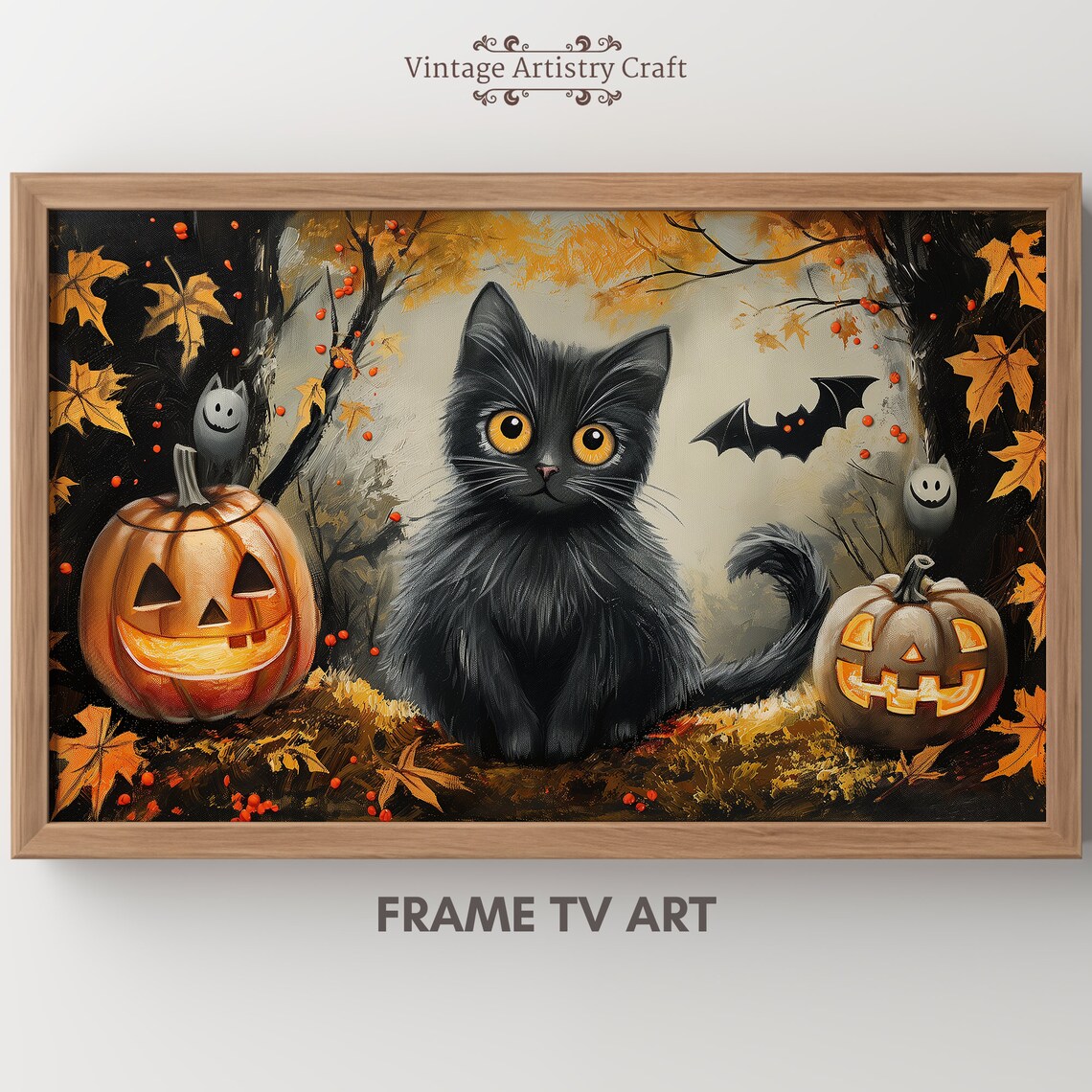 Halloween Haunted Forest Cat Art Print, Vintage Gothic