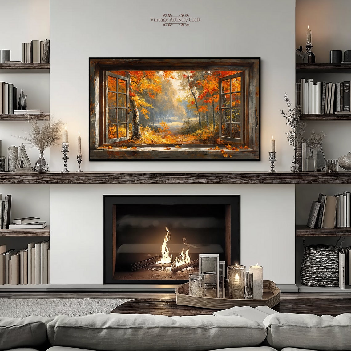 Rustic Window Autumn Forest View Fall Foliage Oil Painting Poster - Image 6