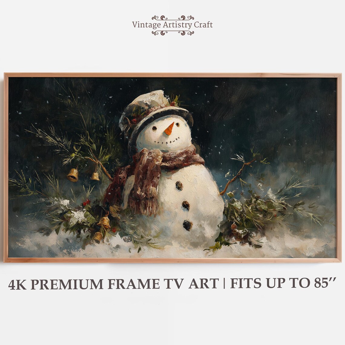 Vintage Snowman Winter Painting Pine Boughs Bells Dark Background Wall Art