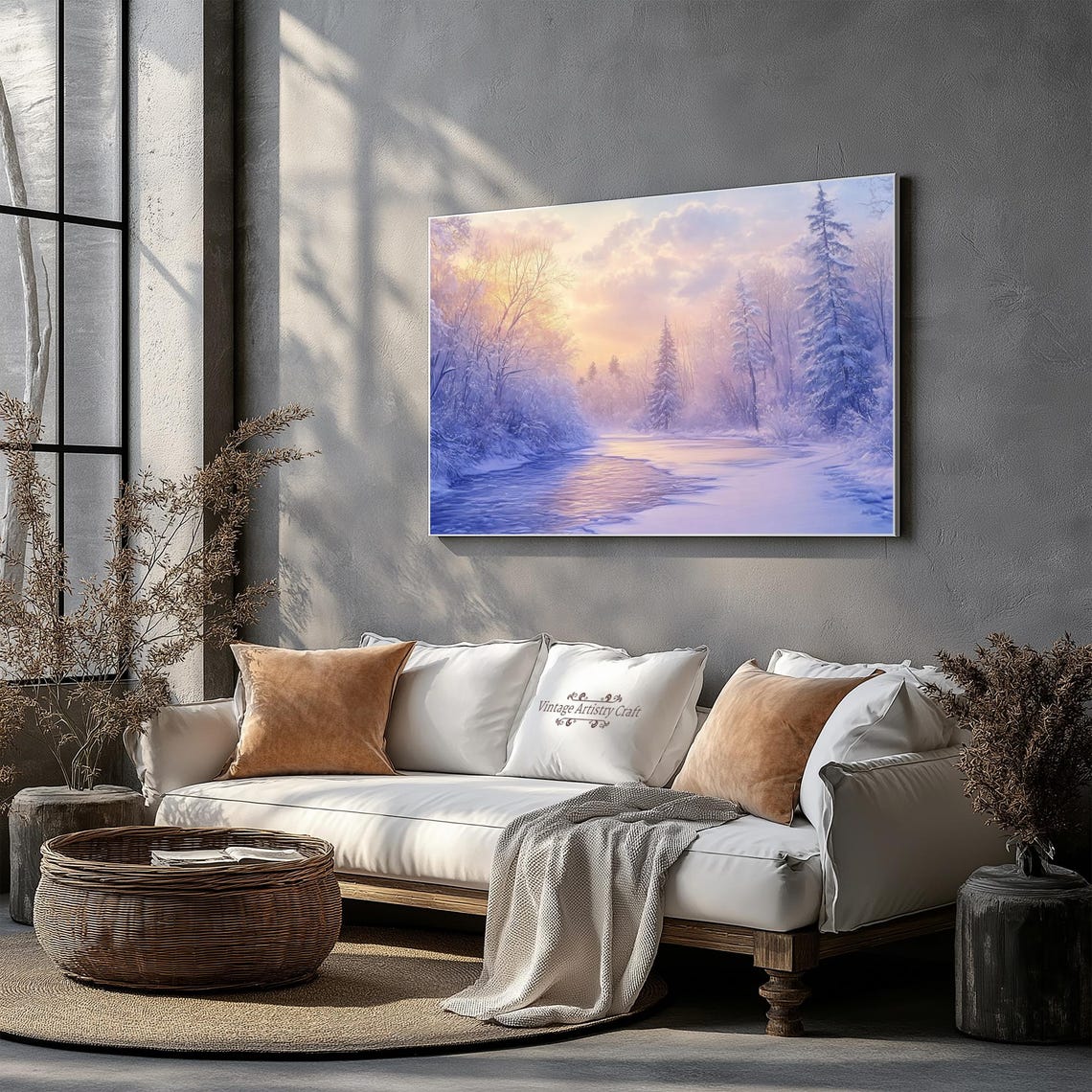 Pastel Purple Winter River Sunrise Snowy Pines Landscape Poster - Image 3