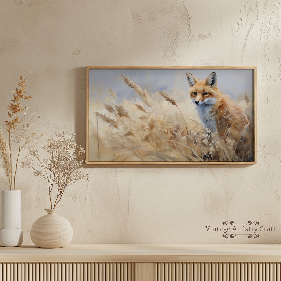 Red Fox in Golden Wheat Field Soft Painterly Wildlife Art Poster - Image 3