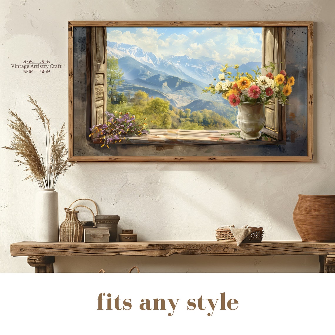 Mountain View Through Open Window Vase of Flowers Rustic Poster - Image 4