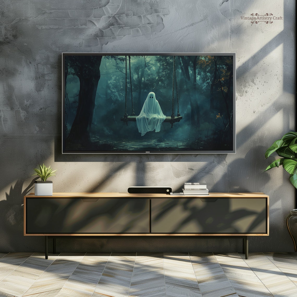 Cute Sheet Ghost on Swing in Misty Forest Spooky Halloween Poster - Image 4