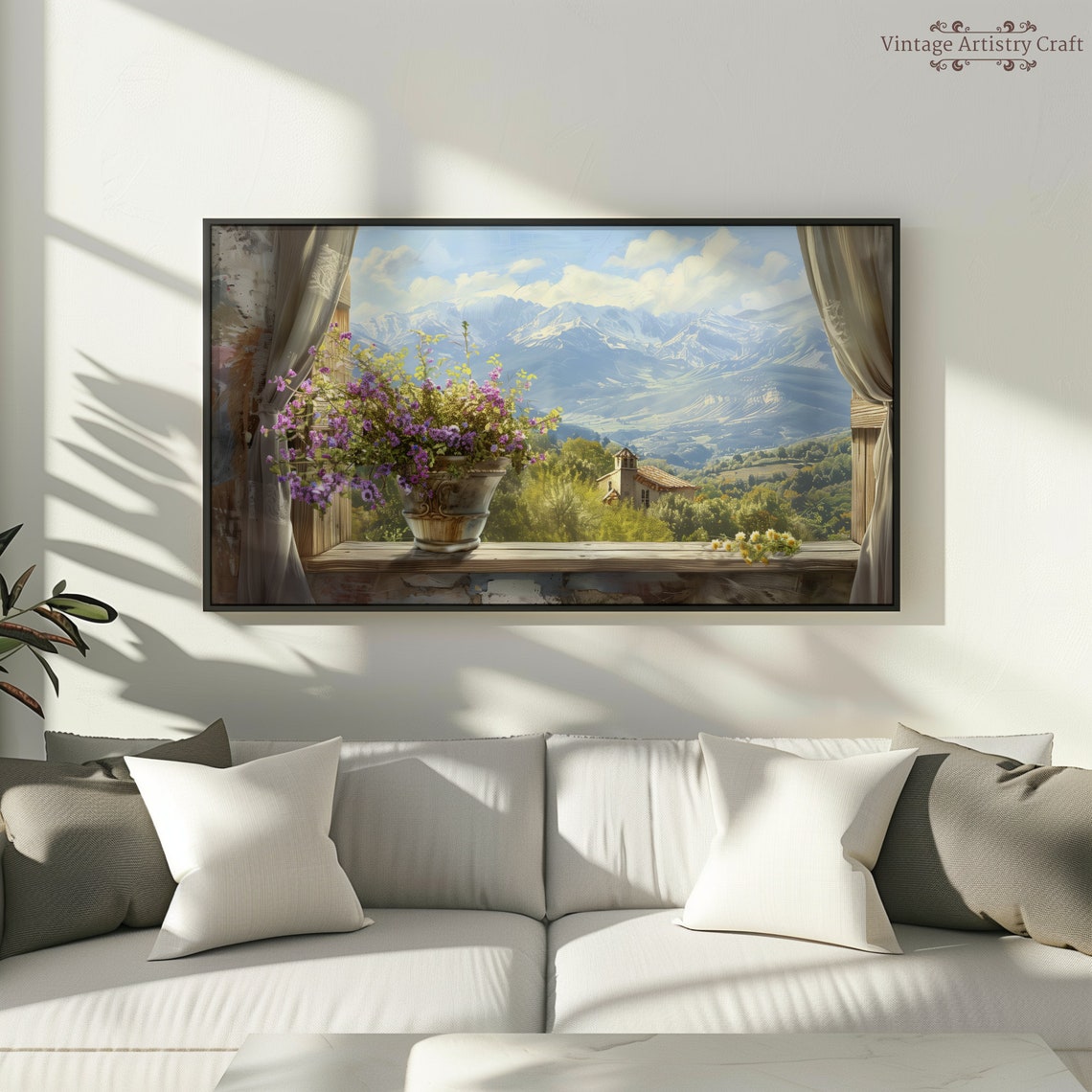 Window View Snowy Mountains Purple Flowers Rustic Sill Art Poster - Image 8