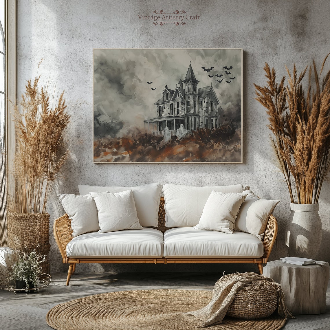 Haunted House With Ghosts Bats Watercolor Halloween Art Poster - Image 5