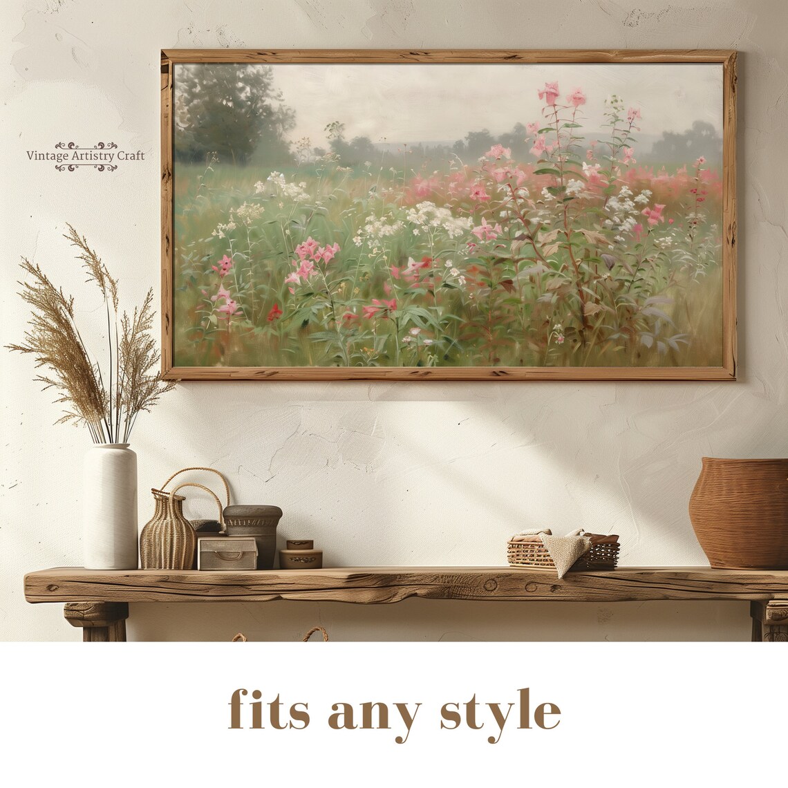 Pink Wildflower Field Spring Meadow Vintage Oil Painting Wall Art - Image 3