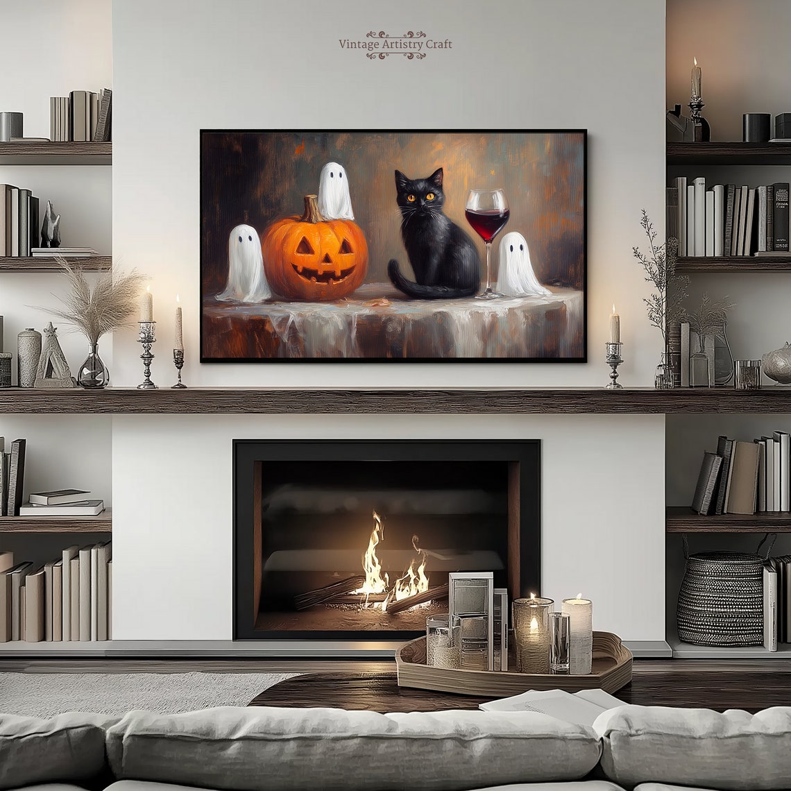 Cute Ghosts Jack O Lantern Black Cat Wine Halloween Painting Poster - Image 5