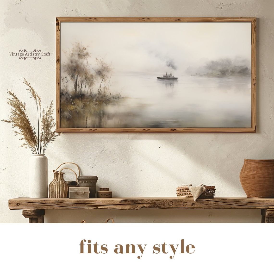 Lone Steamboat on Misty River Soft Neutral Vintage Landscape Poster - Image 2