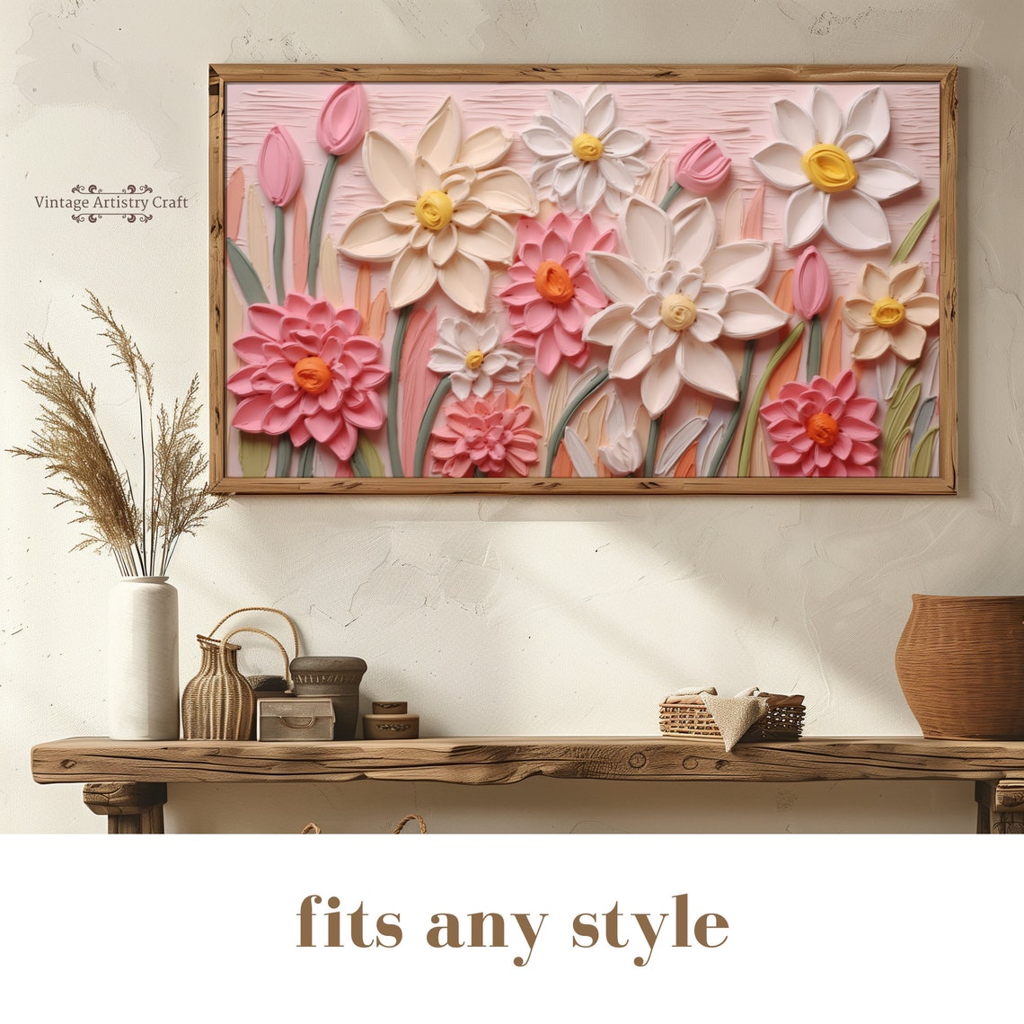 Pink Spring Bloom Impasto Textured Floral Oil Painting Poster - Image 7
