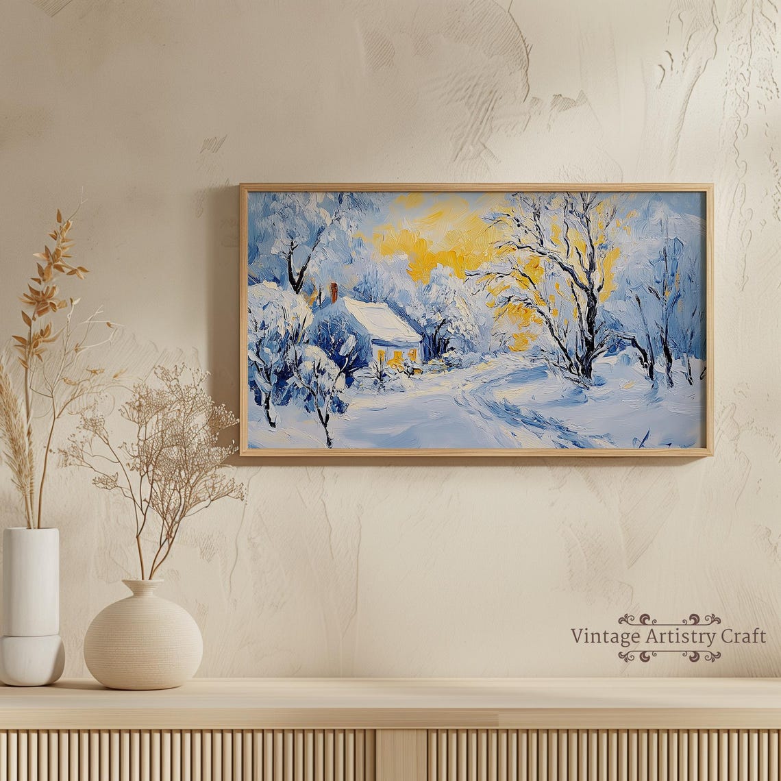 Impressionist Snowy Cottage Golden Sky Winter Village Poster - Image 3