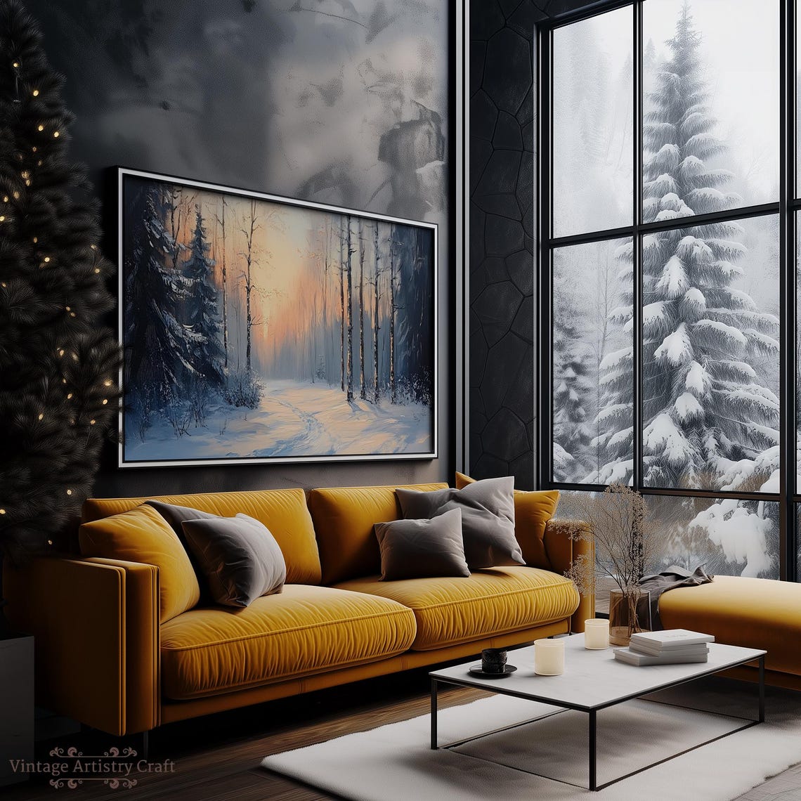 Winter Forest Path Sunset Snowy Pines Romantic Evening Painting Poster - Image 3