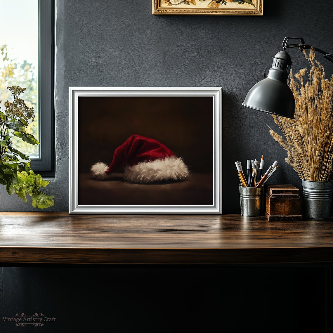 Red Santa Hat Moody Dark Background Vintage Christmas Art Poster - Image 5