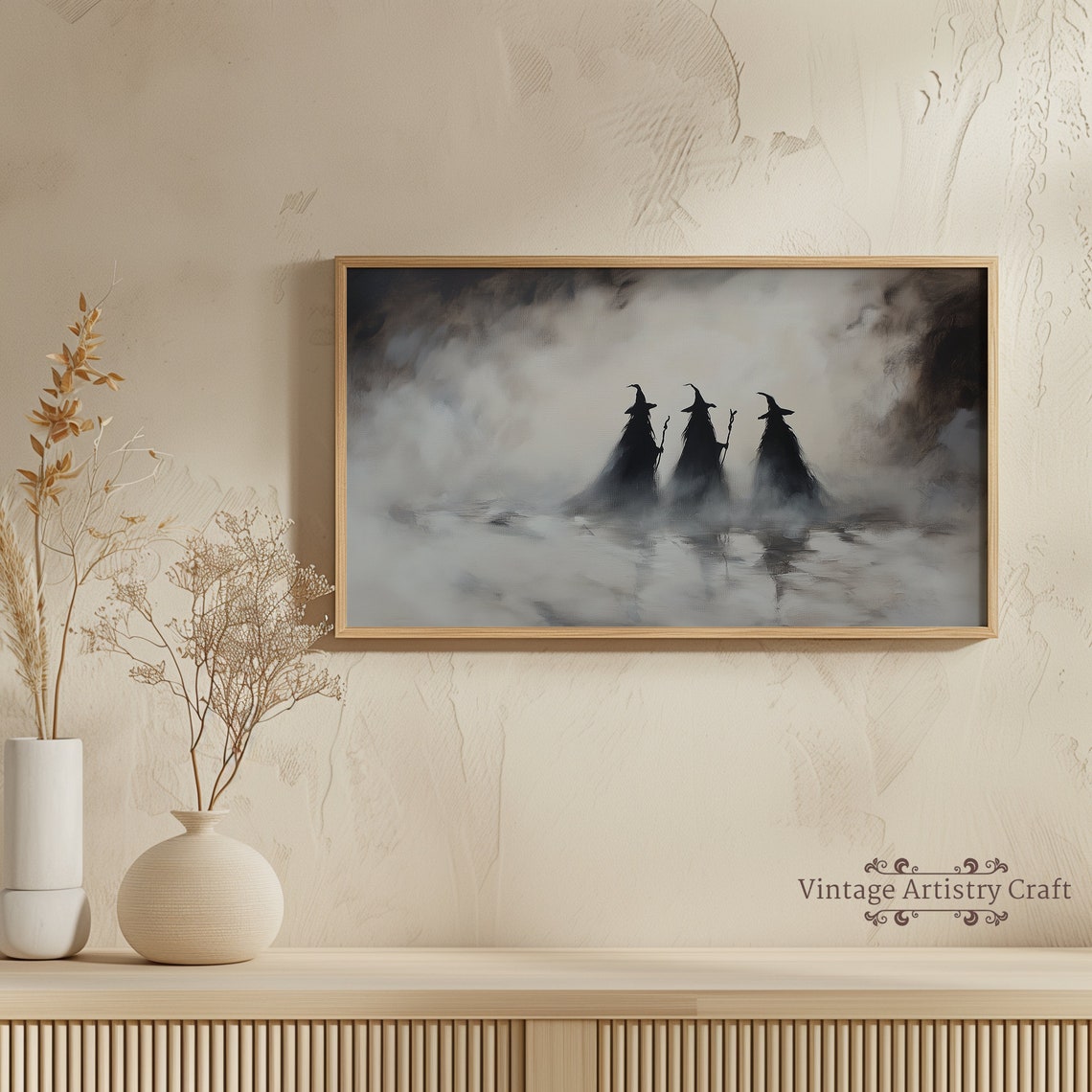 Three Witch Silhouettes Foggy Halloween Spooky Night Art Poster - Image 2