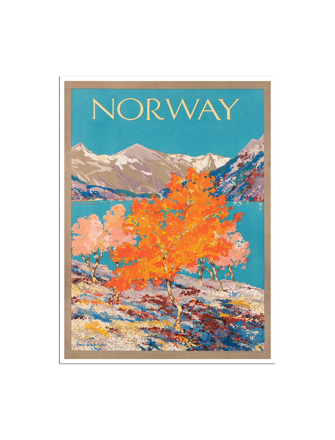 Norway Vintage Autumn Trees Turquoise Fjord Mountain Scene Poster