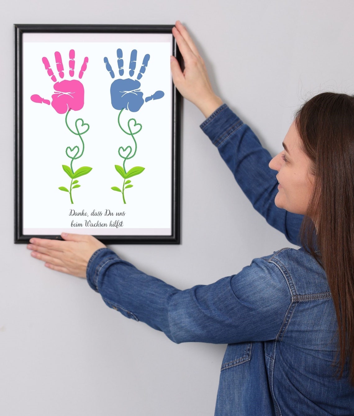 Pink and Blue Handprint Flowers on Heart Vines Nursery Keepsake Poster - Image 3