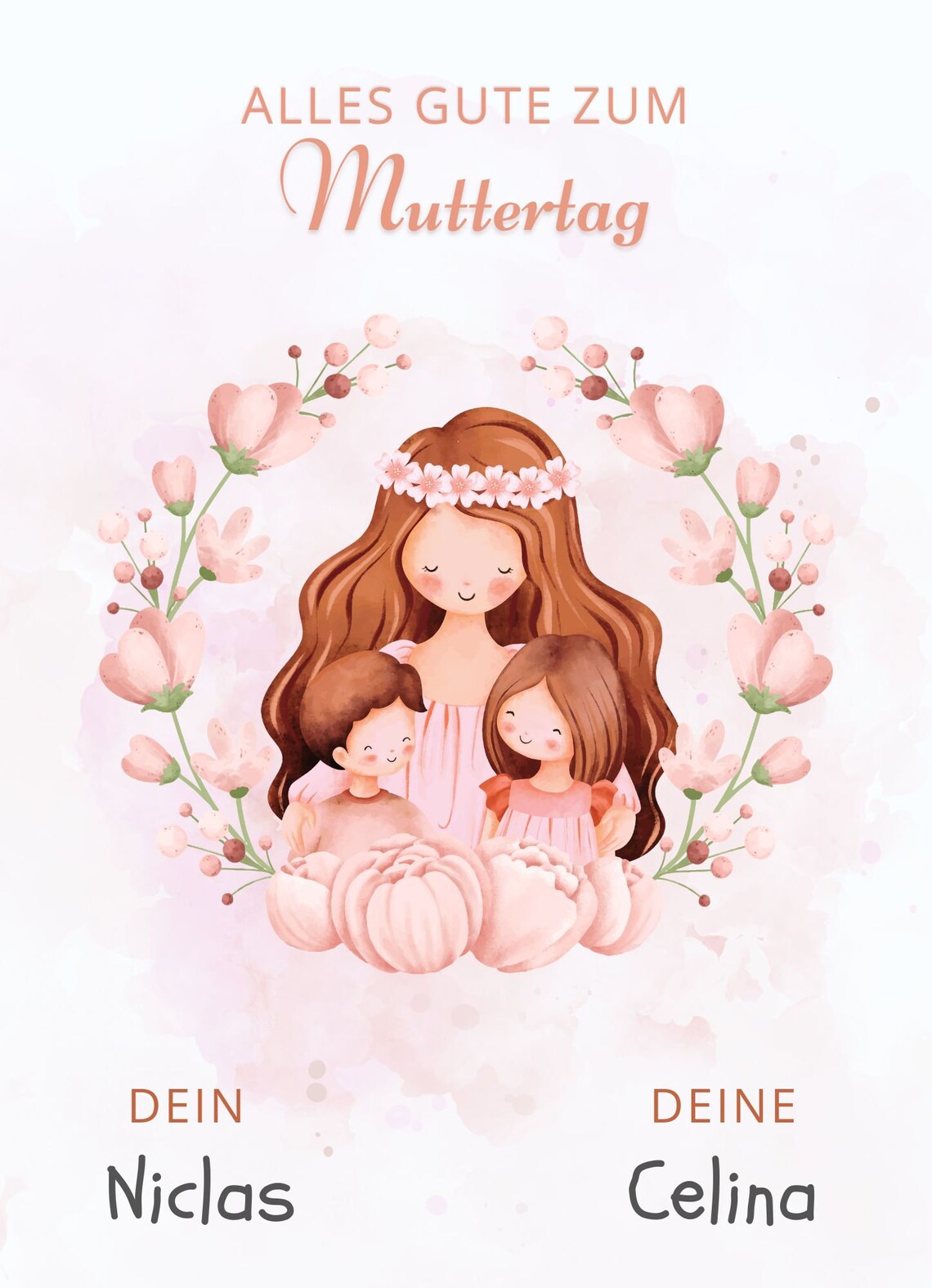 Watercolor Mother's Day Mom with Two Children Floral Wreath Poster - Image 2