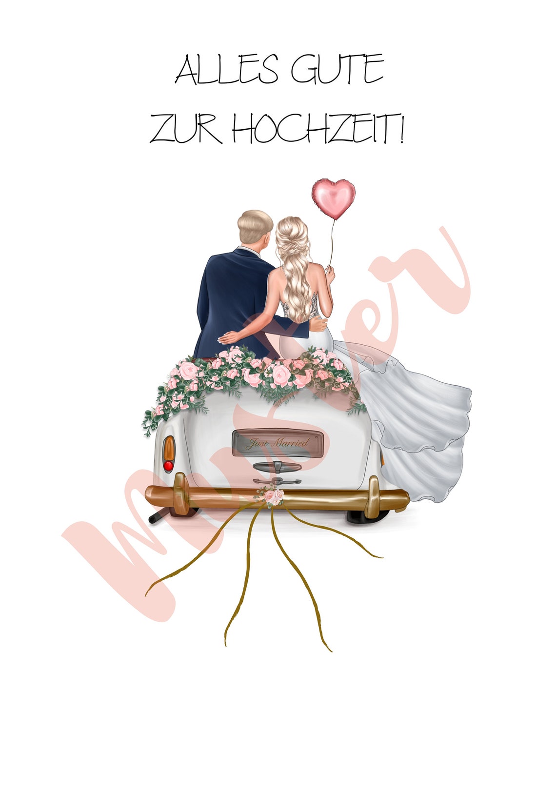 Blonde Flower Crown Bride and Groom on Floral Just Married Car Poster - Image 3