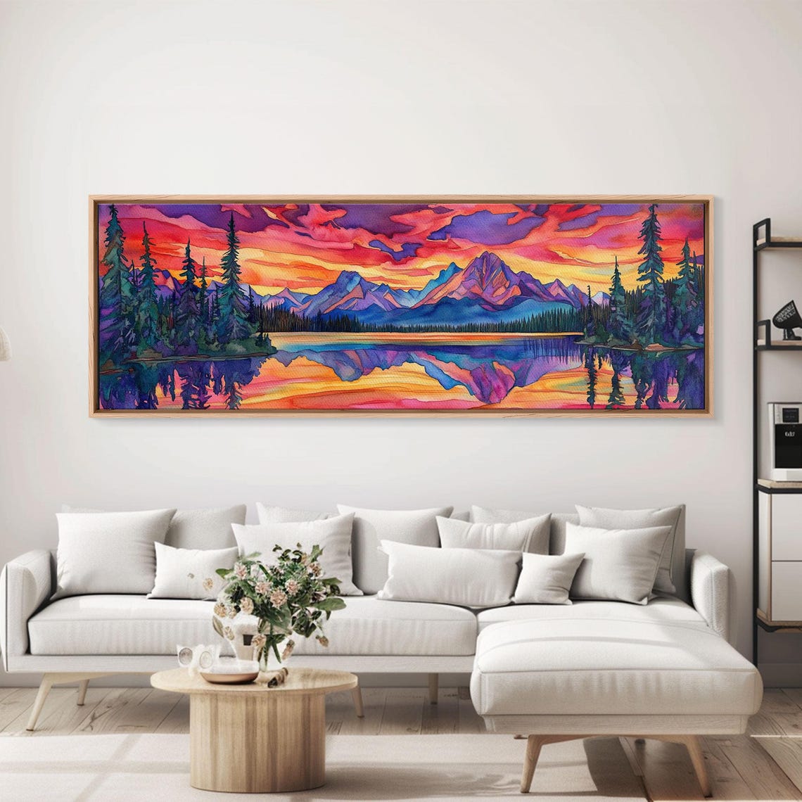 Surreal Pink Sunset Mountain Lake Reflection Pine Trees Art Poster - Image 3