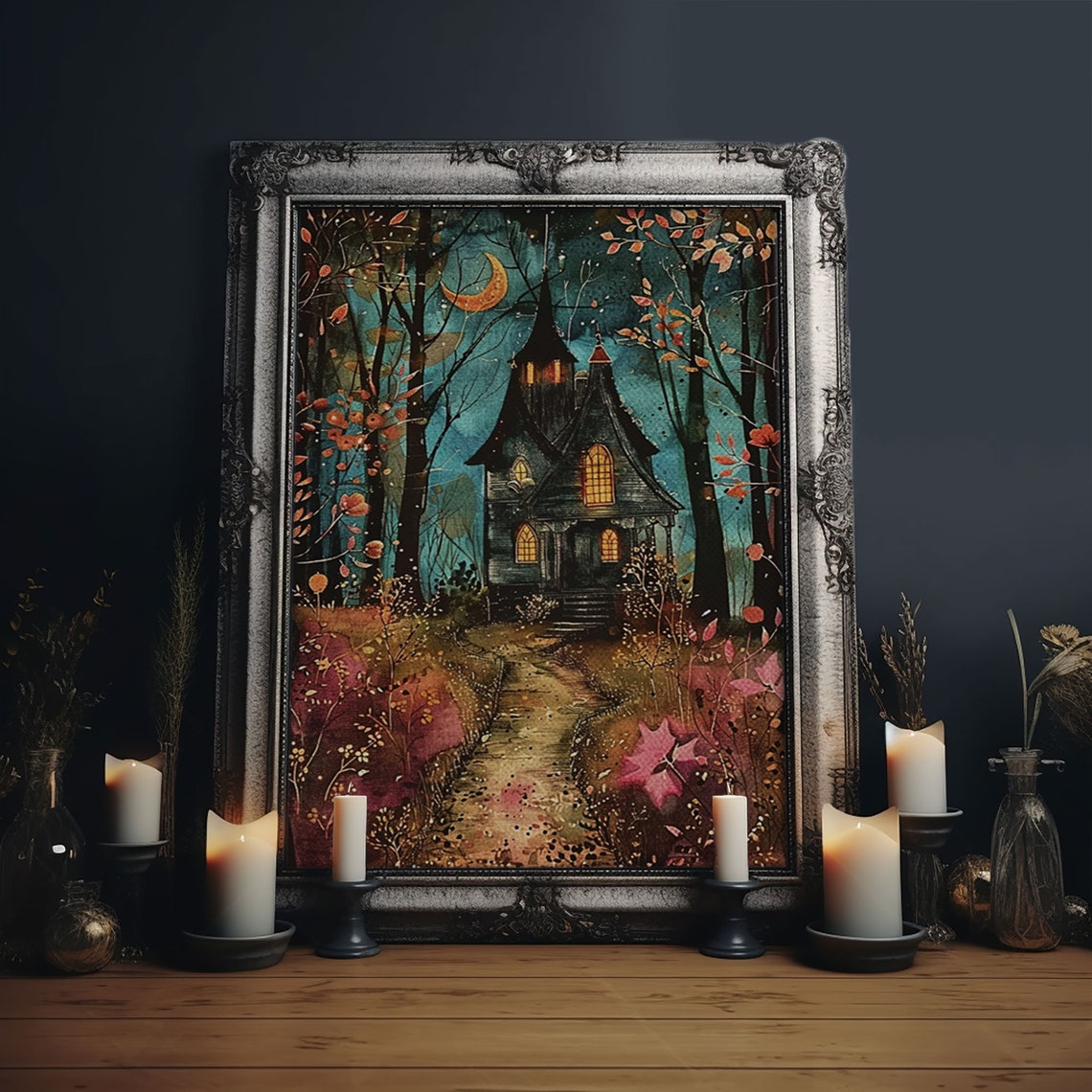 Enchanted Forest Pathway Witch Cottage Crescent Moon Art Poster