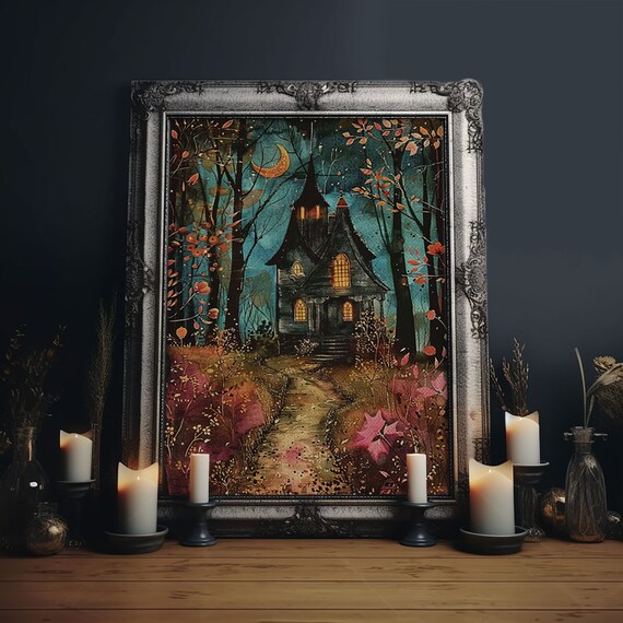 Enchanted Forest Pathway Witch Cottage Crescent Moon Art Poster