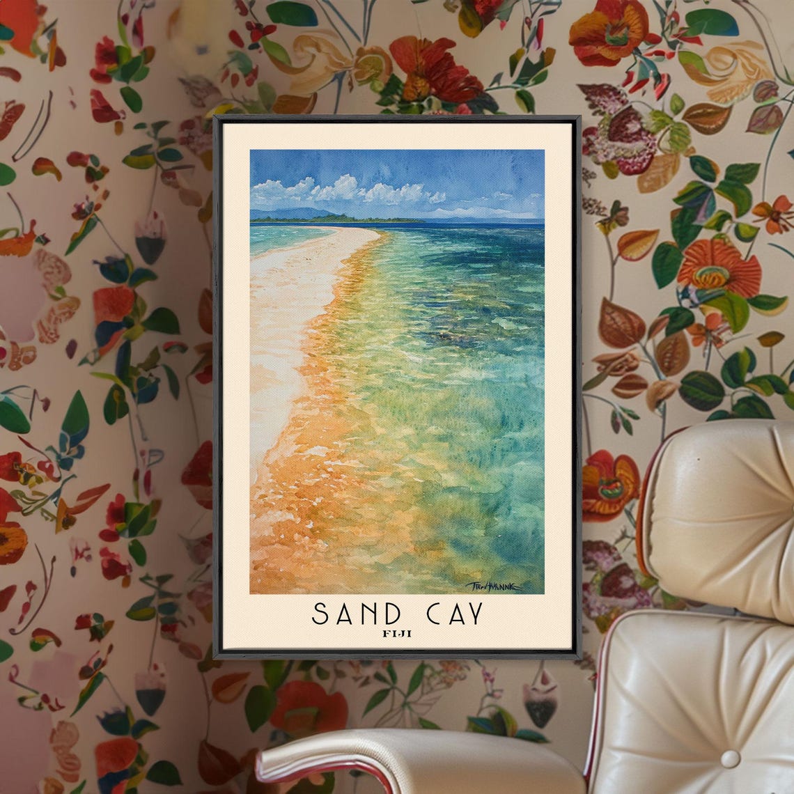 Sand Cay Fiji Narrow White Sandbar Turquoise Ocean Watercolor Poster