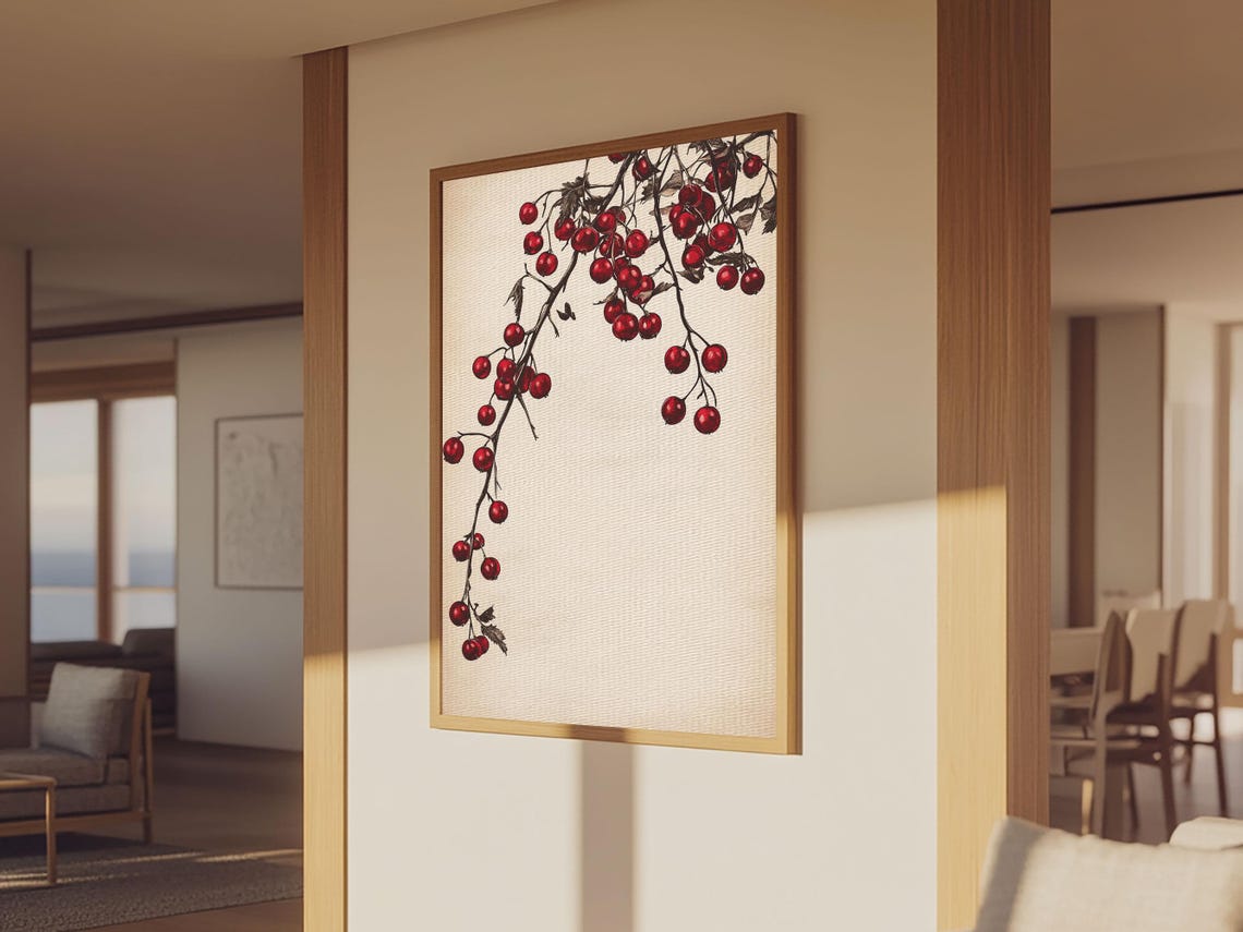 Red Holly Berries Branch Christmas Minimalist Botanical Wall Poster - Image 3