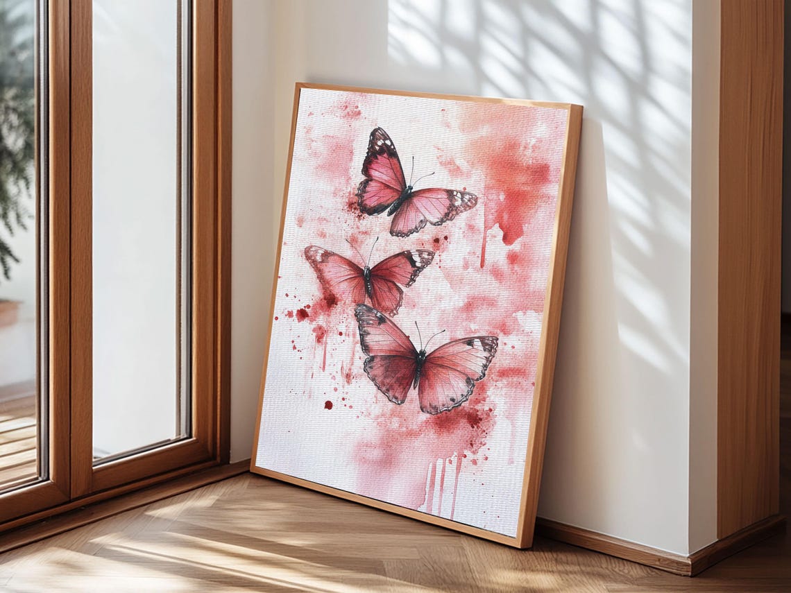 Three Pink Butterflies Watercolor Whimsical Botanical Art Print