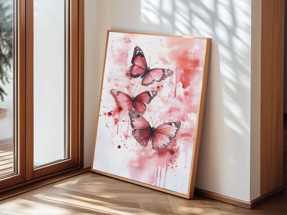 Butterflies Abstract Pink Wall Art Framed Print Whimsical Cottagecore Dorm Or Bedroom Art Feminine And Artistic Aesthetic