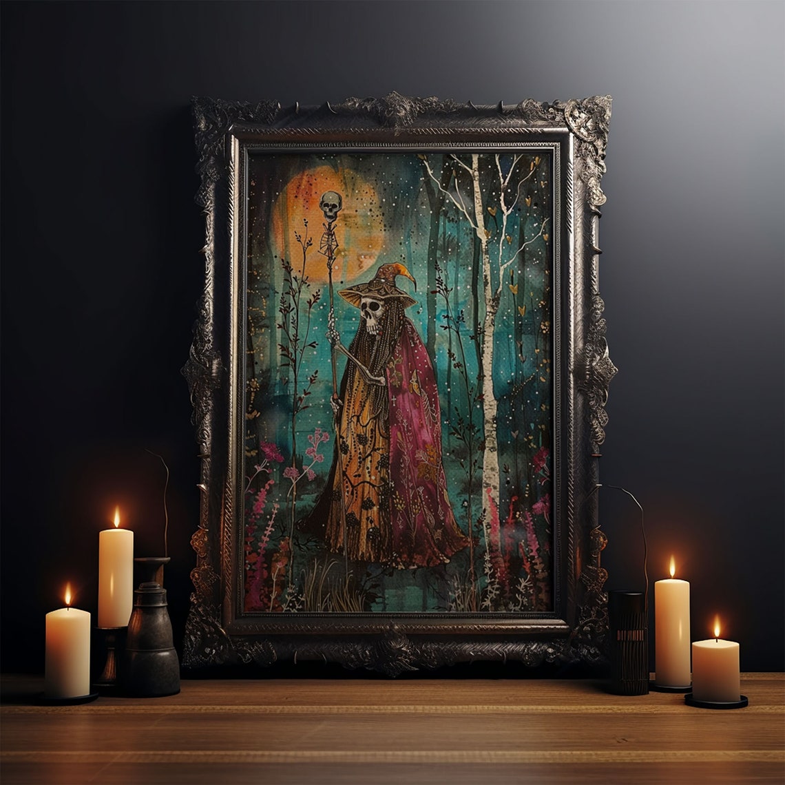 Skeleton Witch Skull Staff Full Moon Birch Forest Art Poster - Image 3
