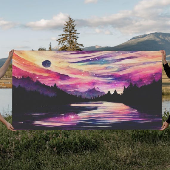 Beautiful Lake At Night Print Purple And Pink Sunset Night Sky Wall Art Lake Front View Guest Room Surreal Lakehouse Art