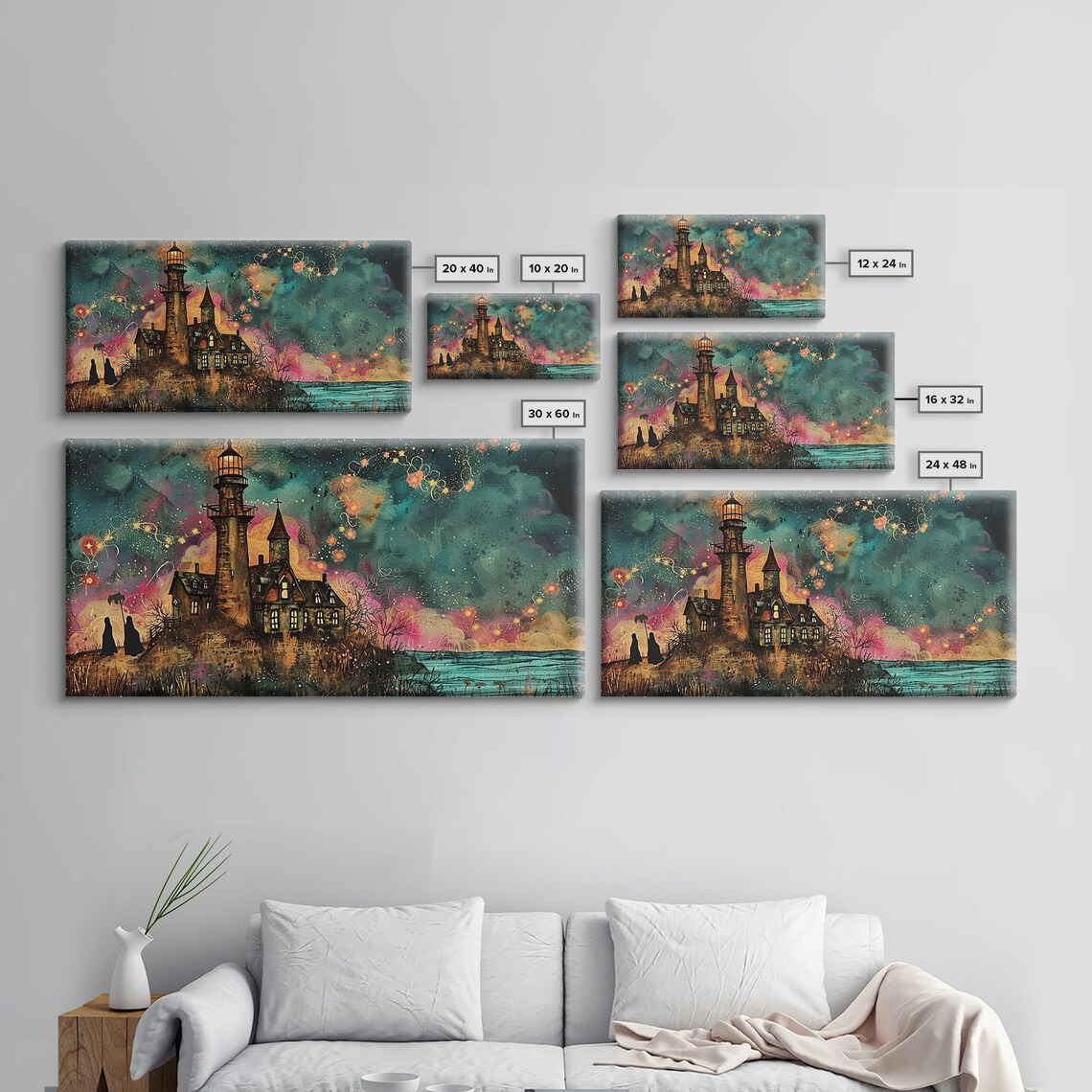 Haunted Lighthouse Seaside Cliff Colorful Starry Sky Midcentury Halloween Poster - Image 2
