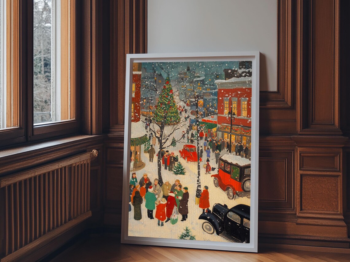 Vintage Christmas Shoppers Street Crowd Snow Retro Painting Poster - Image 2
