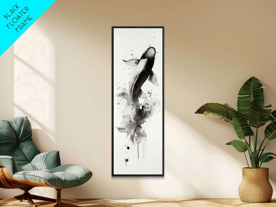 Black Ink Koi Fish Leaping Japanese Sumi E Style Wall Art Poster - Image 4