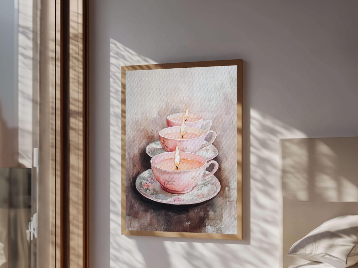Pink Teacup Candles Watercolor Trio Floral Saucers Cozy Wall Poster - Image 3