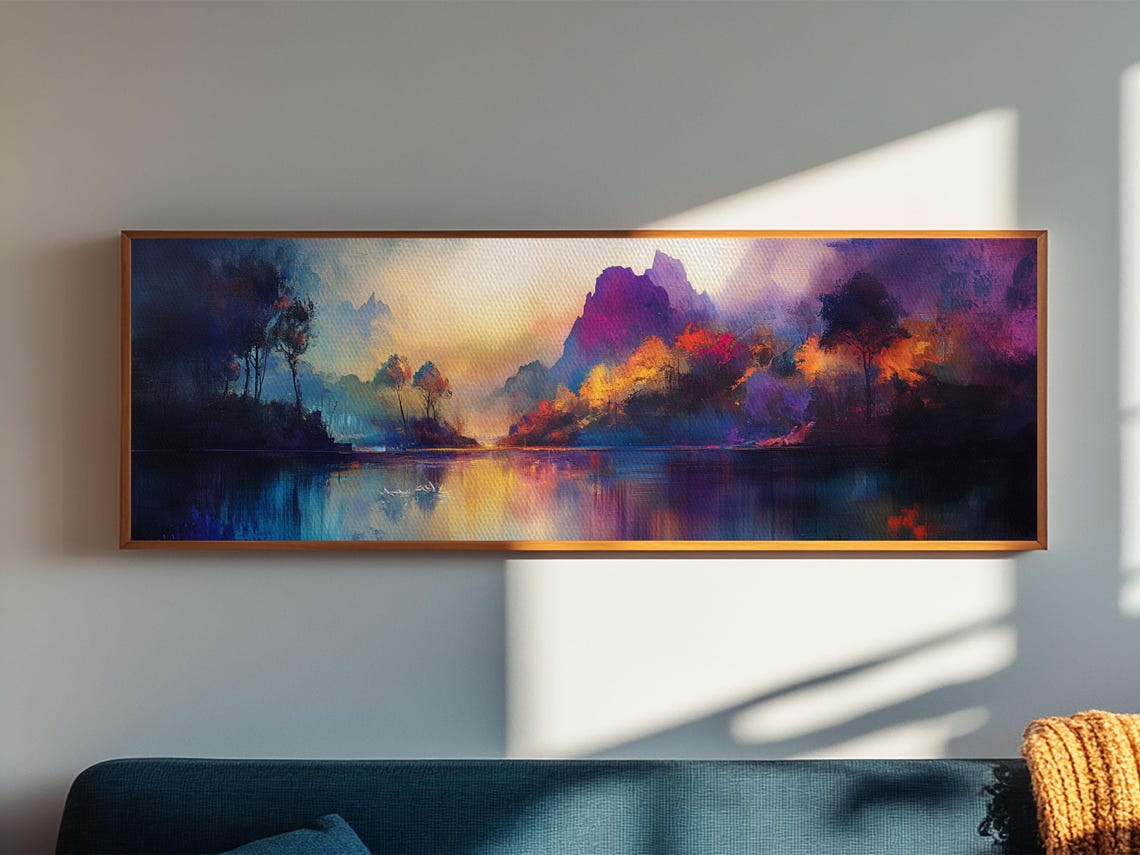 Dreamy Mountain Lake Sunset Panoramic Moody Misty Landscape Art Poster - Image 6