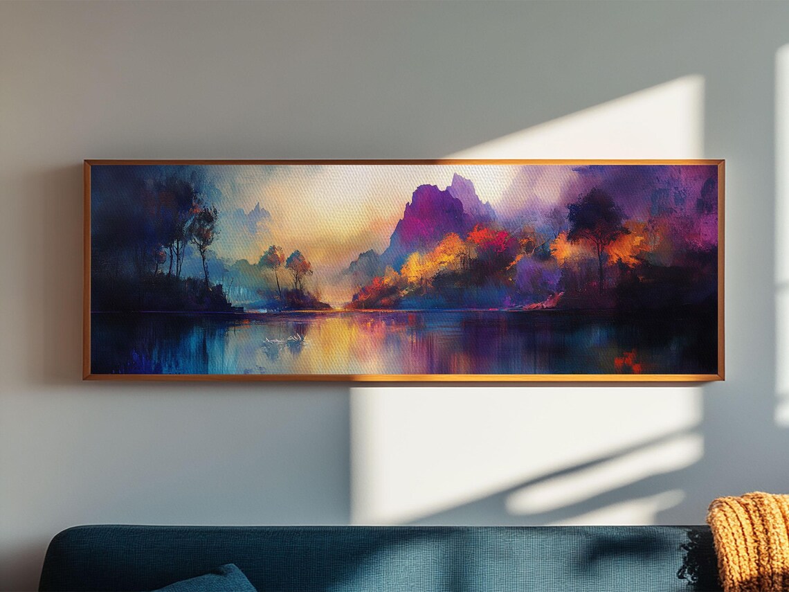 Dreamy Print Fall Landscape Art Mountain Mist Moody Panoramic Rustic Above Couch Extra Wide Wall Art Bedroom Decor - Image 6