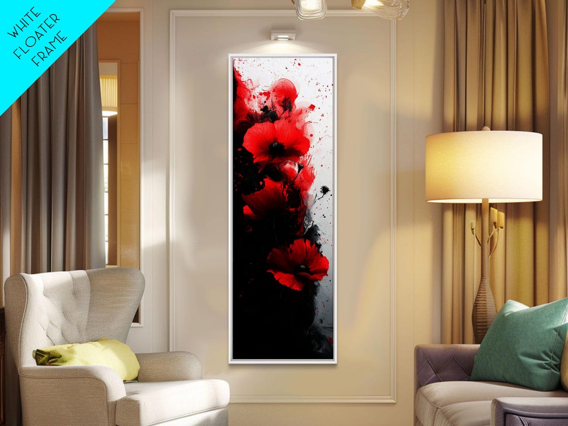 Red Poppies On Black Tall Vertical Dramatic Abstract Floral Art Poster - Image 4