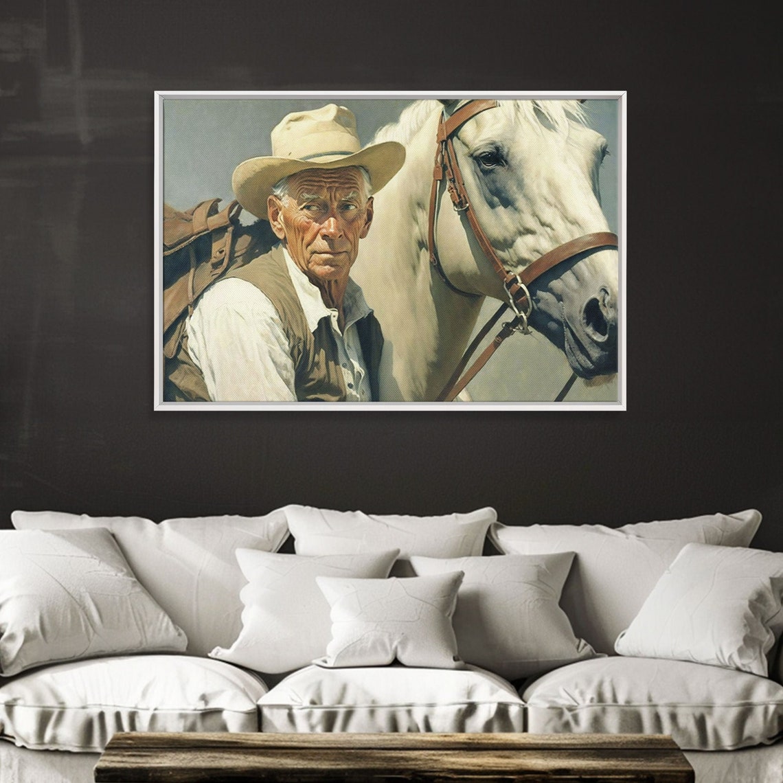 Weathered Cowboy White Horse Portrait Vintage Western Rustic Wall Art