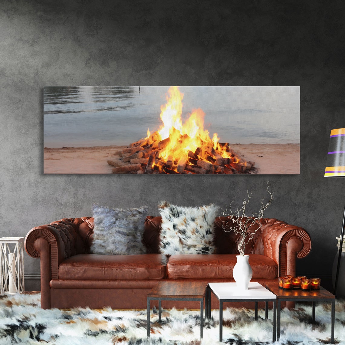 Beach Campfire Bonfire Dusk Calm Ocean Shore Summer Night Poster - Image 3