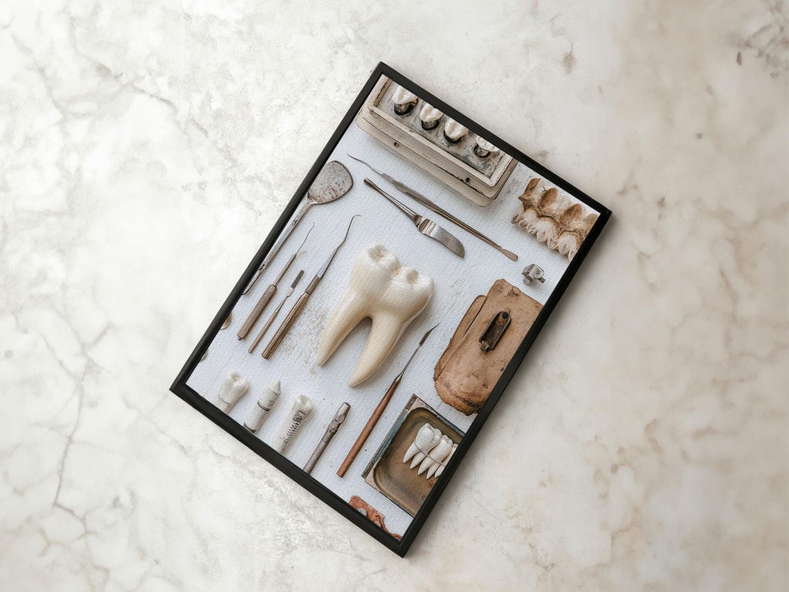 Vintage Dental Tools Tooth Flat Lay Rustic Dentistry Office Art Poster - Image 2