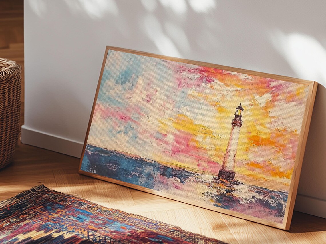 Lighthouse Sunrise Pastel Pink Sky Ocean Waves Coastal Art Travel Poster